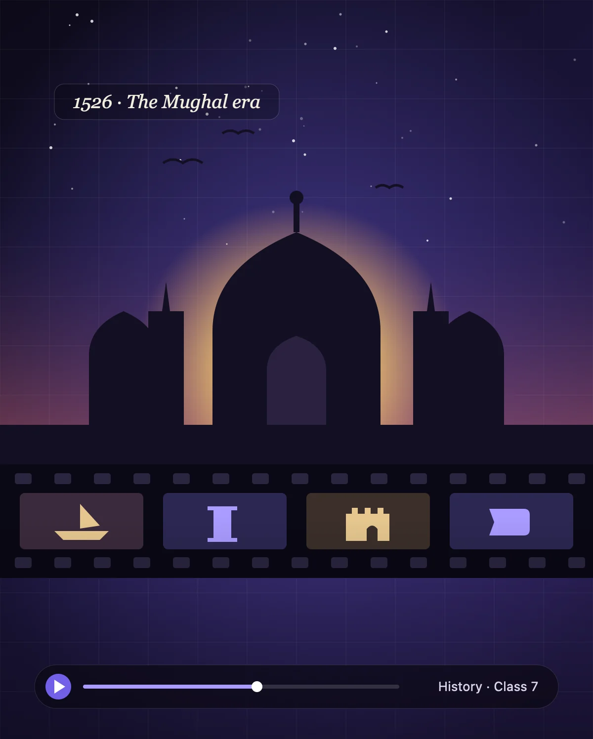History film: a domed monument and minarets against a setting sun